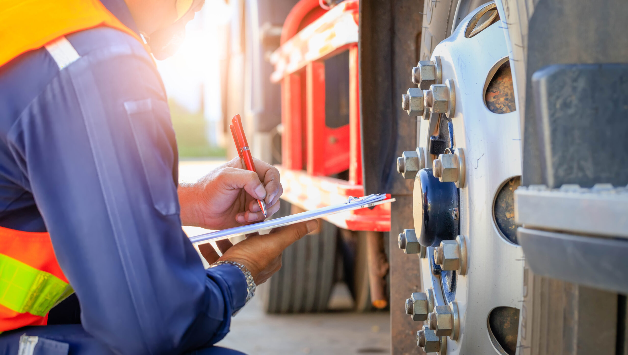 Preforming a pre-trip inspection on a truck, Truck driver holding clipboard